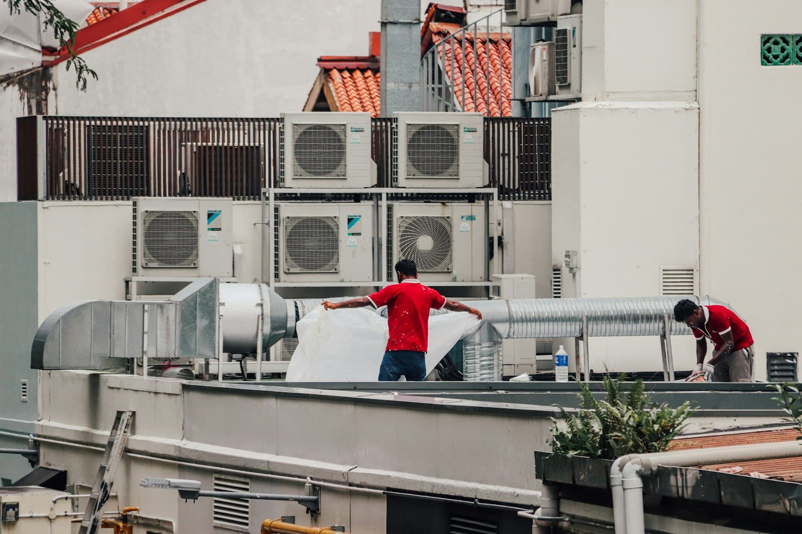 Two maintenance workers on a commercial rooftop working near a bank of HVAC condensers.